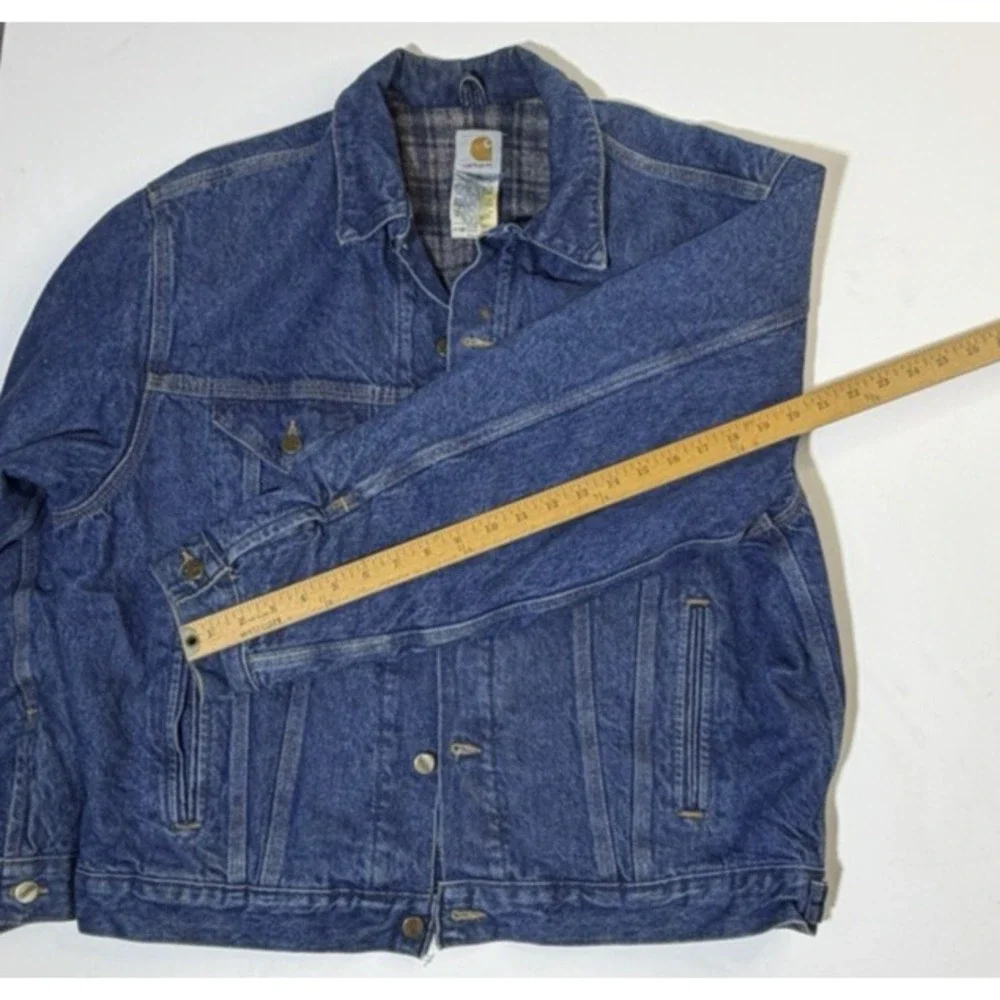 Made in USA Carhartt J11 DST Large Trucker Denim Jacket Plaid Blanket Lined Mens